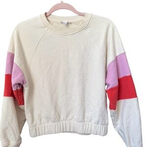 Evereve Colorblock Cream Multi Short Long Sleeve Pullover Sweatshirt Small
